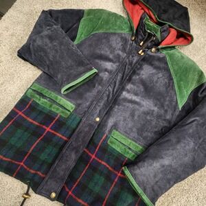 Paris Sport Club Jacket Womens M Vintage‎ 80s 90s Colorblock Suede Plaid Hooded